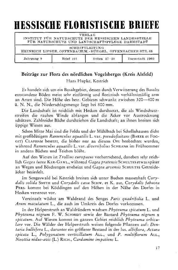 Hupke: Flora des nrdlichen Vogelsberges